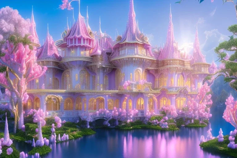 a magical crystal flower magnolias pink gold house palace castle in the woods, magnolias pink,blue lake,sun,white swanns,pink vertical, blue lake,sharp, vines, candlelit, endor, ornate, elegant, highly detailed, artstation, concept art, smooth, sharp focus, illustration, 8k, splash art, wallpaper, key visual