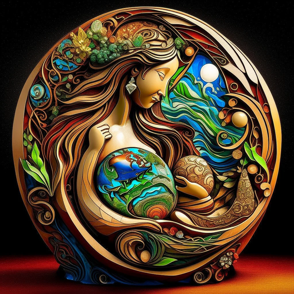 🔥 PROMPT: A surrealistic art piece featuring Mother Earth cradling Planet Earth in her arms. The sculpture is intricately carved from interlacing wood, with stained glass inlays that illuminate the artwork. The filigree design draws inspiration from Irish folk art, blending the styles of James Rizzi, Mary Anning, Rufino Tamayo, and Carl Kleiner. Set against a dark background, the illuminated sculpture installation presents a stunning fusion of nature and art, with detailed craftsmanship and vib