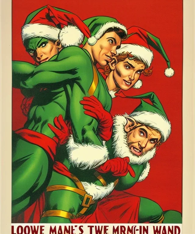 two elves. woman and man. Christmas scene. poster. marvel comic. low-key