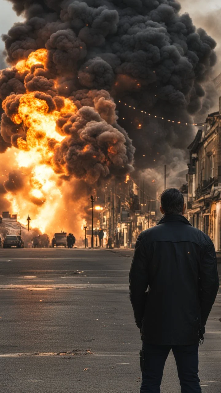 Man in a black jacket, back to the camera, looking down a street, watching an explosion of fire and lights in front of him.