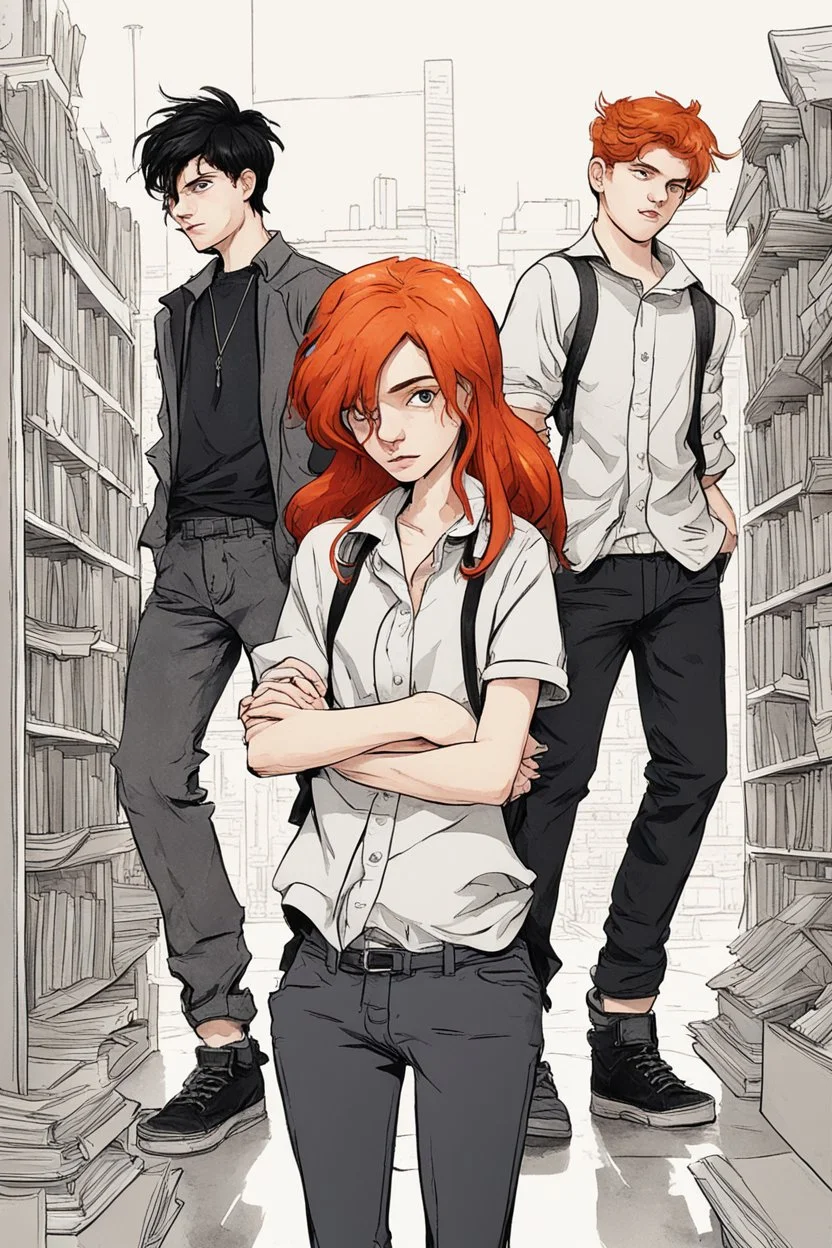 two boys with ginger hair plus a teenage punk girl with dark hair are standing in characteristic book cover-style poses. They are young amateur detectives. White background, mysterious atmosphere