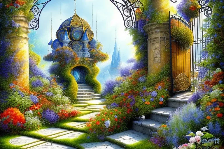 beautiful ornate gate, garden, path, flowers, fine detail, water color, Surrealism