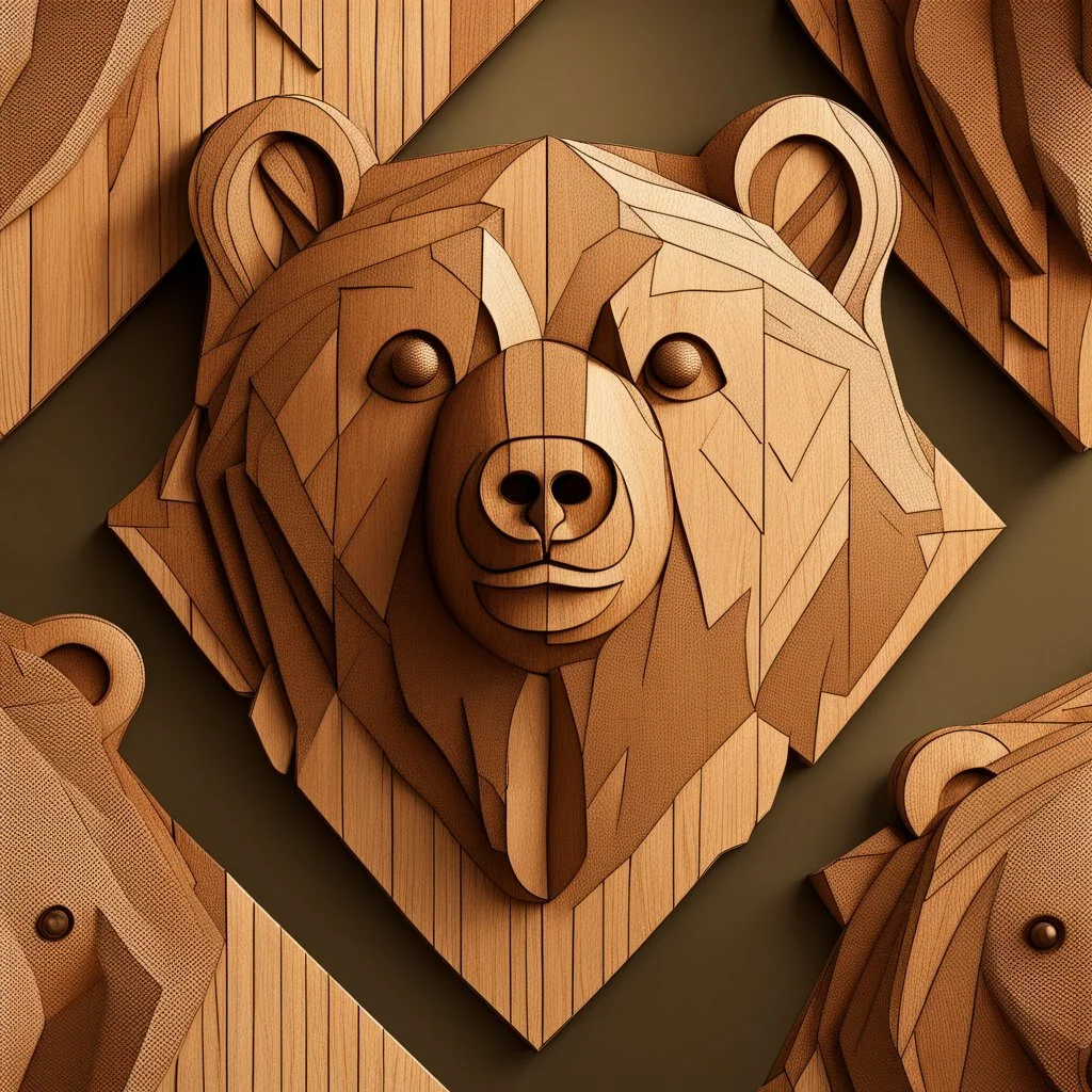 combine textured wood with stylized shape of a bear head, graphic style, minimalistic, clean