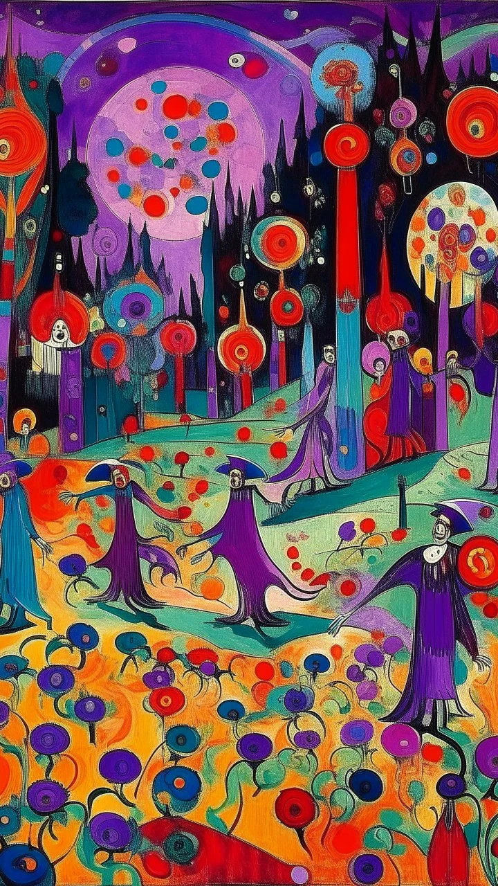 A purple graveyard with dancing ghosts painted by Wassily Kandinsky
