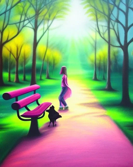 park mystical dream, park bench, man, woman, child, dog, trees, path, bird, sunshine, mystical, fantasy, romanticism, pastel colors, daylight, daytime, acrylic painting, detailed,