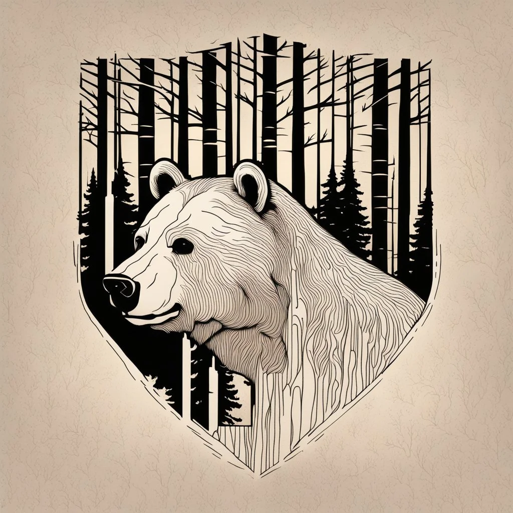 M shaped bear head combined with woods silhouette in backround, letterpress style, minimalistic pencil art