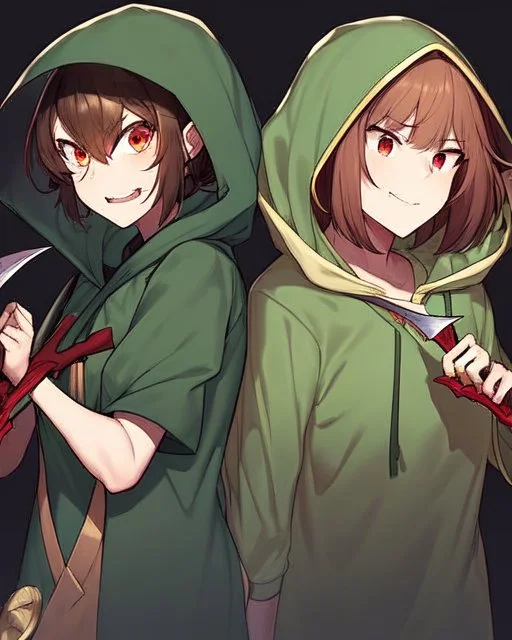 A character with short brown hair, red eyes who wears a green blouse open with its hood, holds a bright red knife, Smile insanely and very angry, Aspect that shows that the character is a villain, dark background Very dark and HQ Manga.