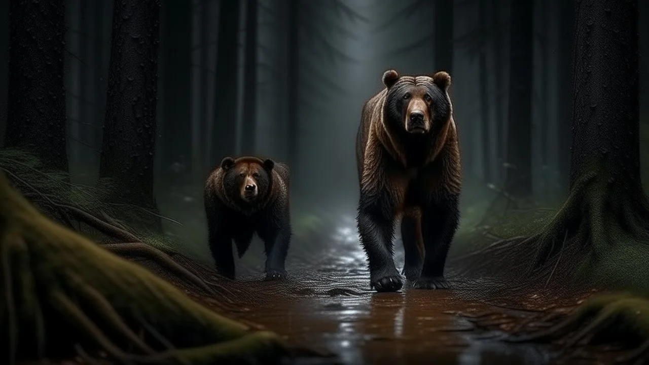 Cruce de Rottweiler y oso pardo en bosque oscuro lluvioso, presencia masiva, gotas de lluvia suspendidas, atmósfera intimidante