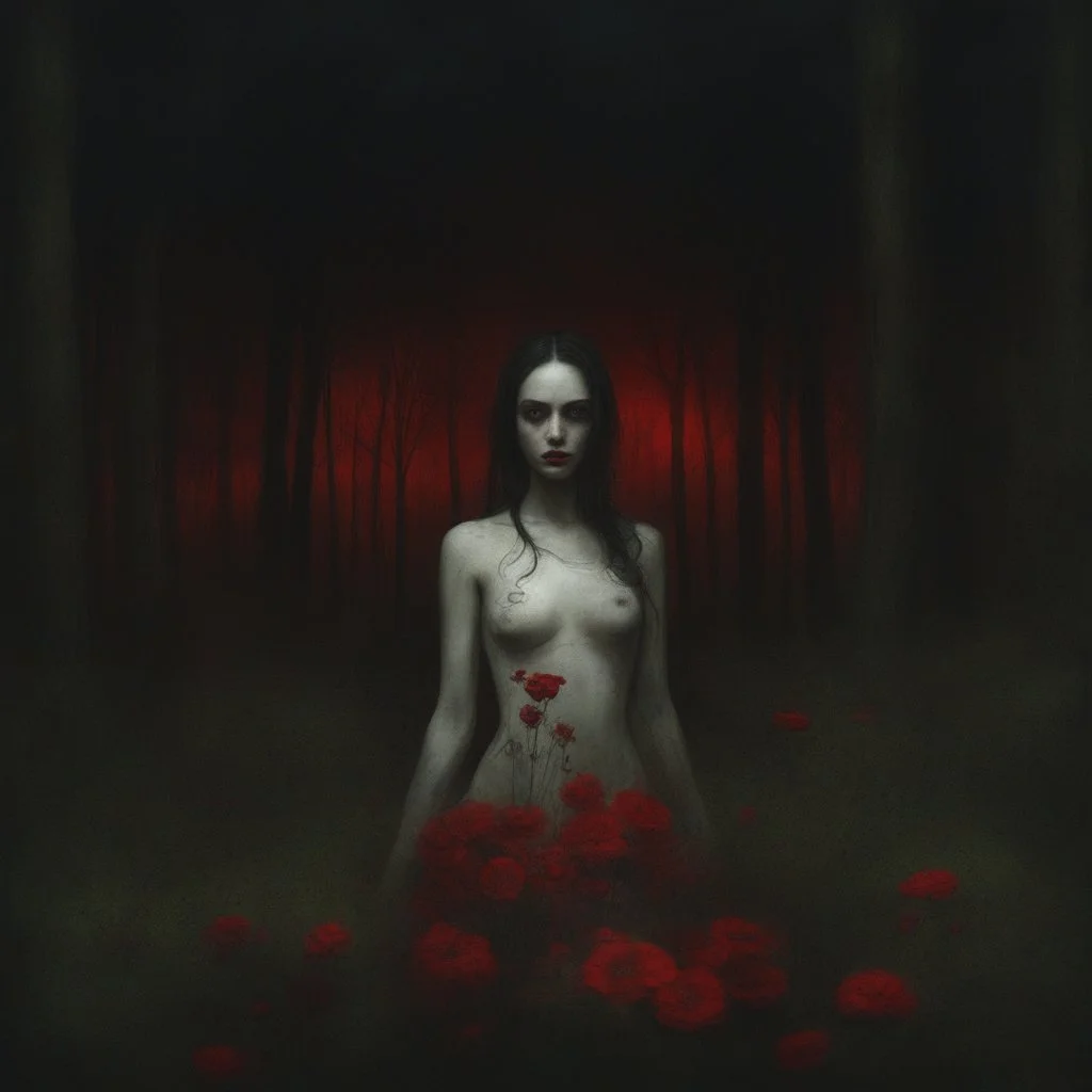 Night, one woman taking red flowers, vegetations, forest, doom, creepy, gloomy, gothic dark influence