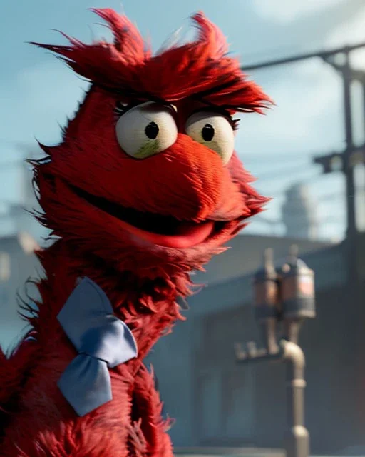 hybrid character, Elmo muppet head, realistic man body, human arms and hands, Shirt and tie, concept art, smooth, unreal engine 5, god lights, ray tracing, RTX, lumen lighting, ultra detail, volumetric lighting, 3d, finely drawn, high definition, 4k.