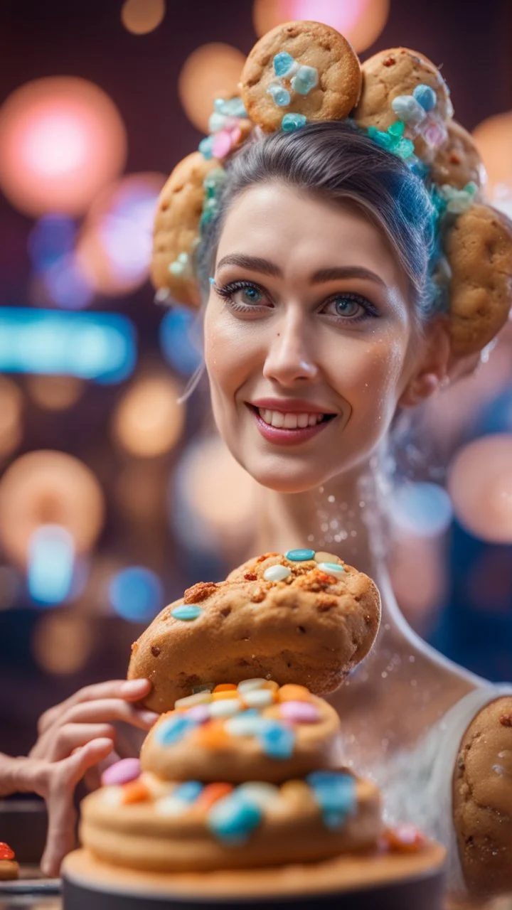 portrait of cute woman with cookie and gel mask , baker of the highest many storied advanced art cake sculpture during a casino game show, bokeh like f/0.8, tilt-shift lens 8k, high detail, smooth render, down-light, unreal engine, prize winning