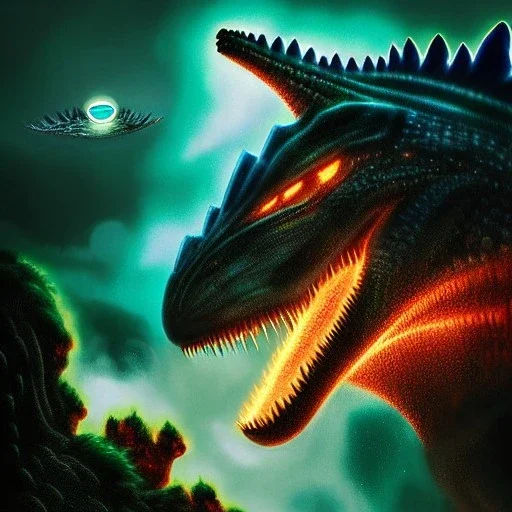 ultra detailed fullbody Drawing of Mech Godzilla ,intense stare,with glowing Green eyes, extremely detailed digital painting, intrincate, extremely detailed face,crystal clear Big eyes, in the style of Pixar and Caravaggio, mystical colors , perfectly centered image, perfect composition, rim light, beautiful lighting, 8k, stunning scene, raytracing