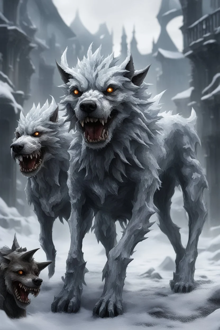 frost hellhound with five heads in ruins of medival town