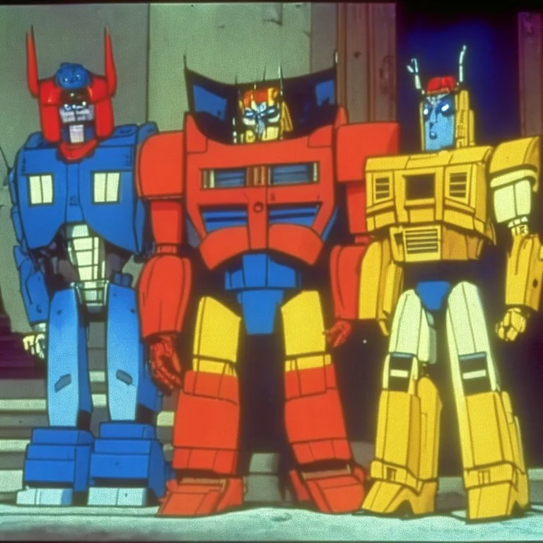 Optimus prime, bumblebee and ratchet at the standup comedy show 1990, sitcom style tv show.