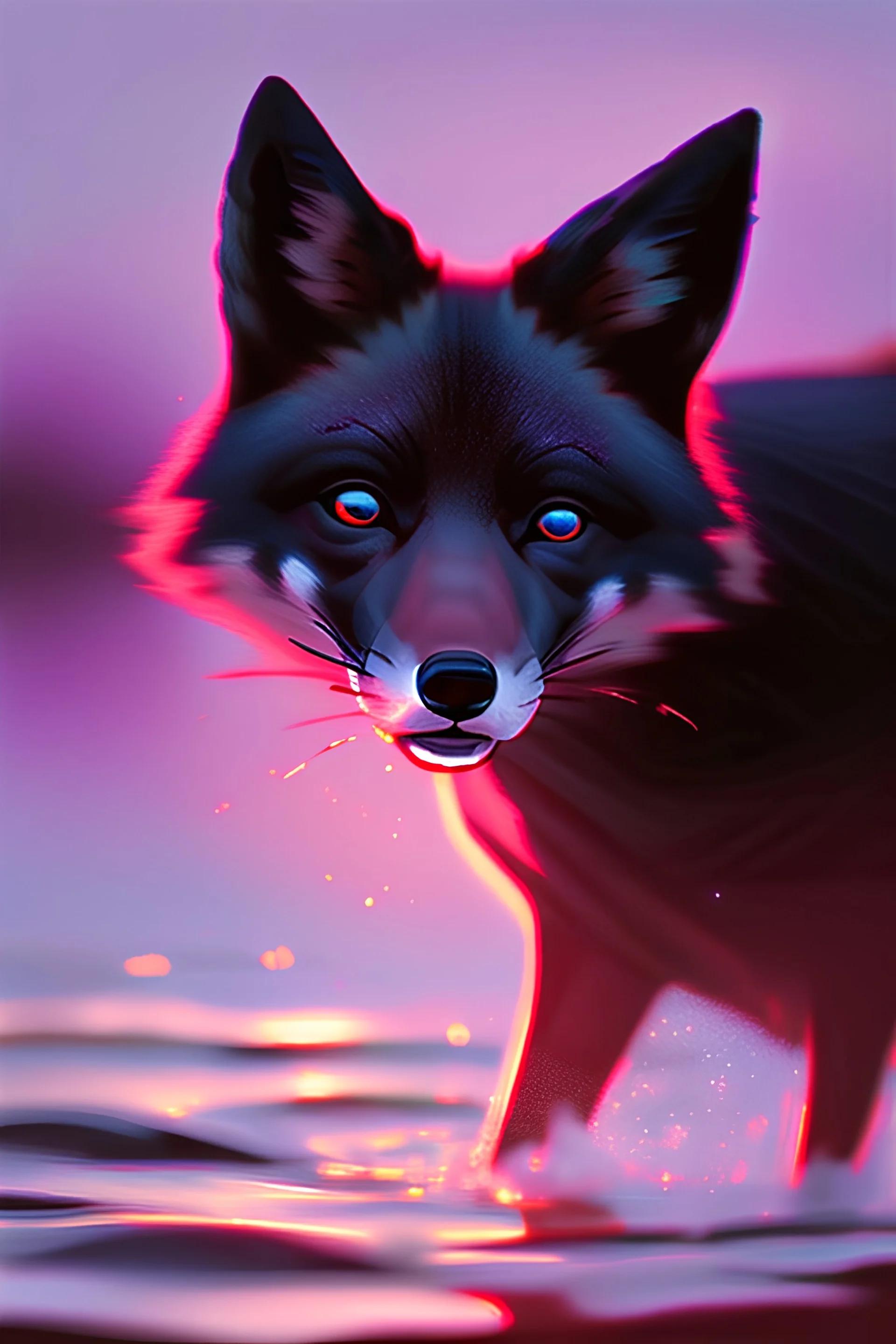 Black fox glowing eyes playing in water sunset