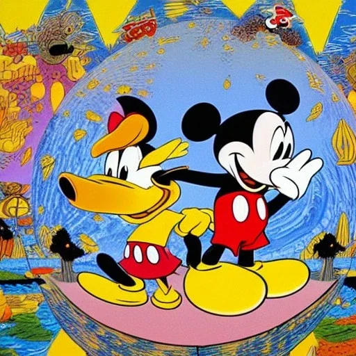 Mickey Mouse and Donald Duck by Jim Woodring in psychedelic landscape