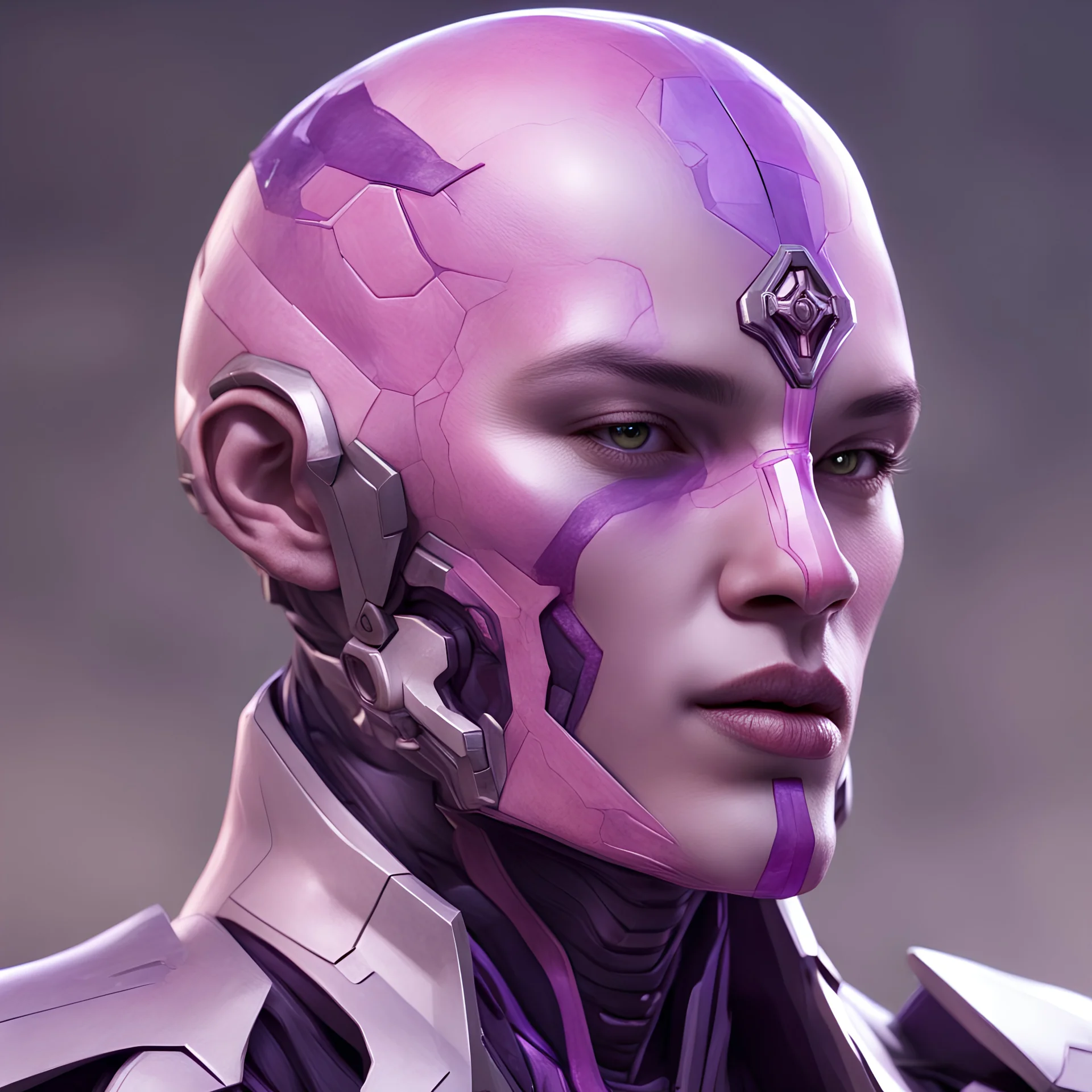 light-pink skinned human with purple cross on chins, futuristic paladin