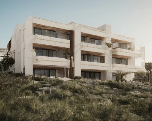 Day in algarve, a modern luxury architecture HOTEL building with two floors WITH STRAIGHT LINES AND CANNOPY, white render and wood stripe vertical elements with gold and metallic details, overlooking the golf course, trees pines, realistic 8k ultra render