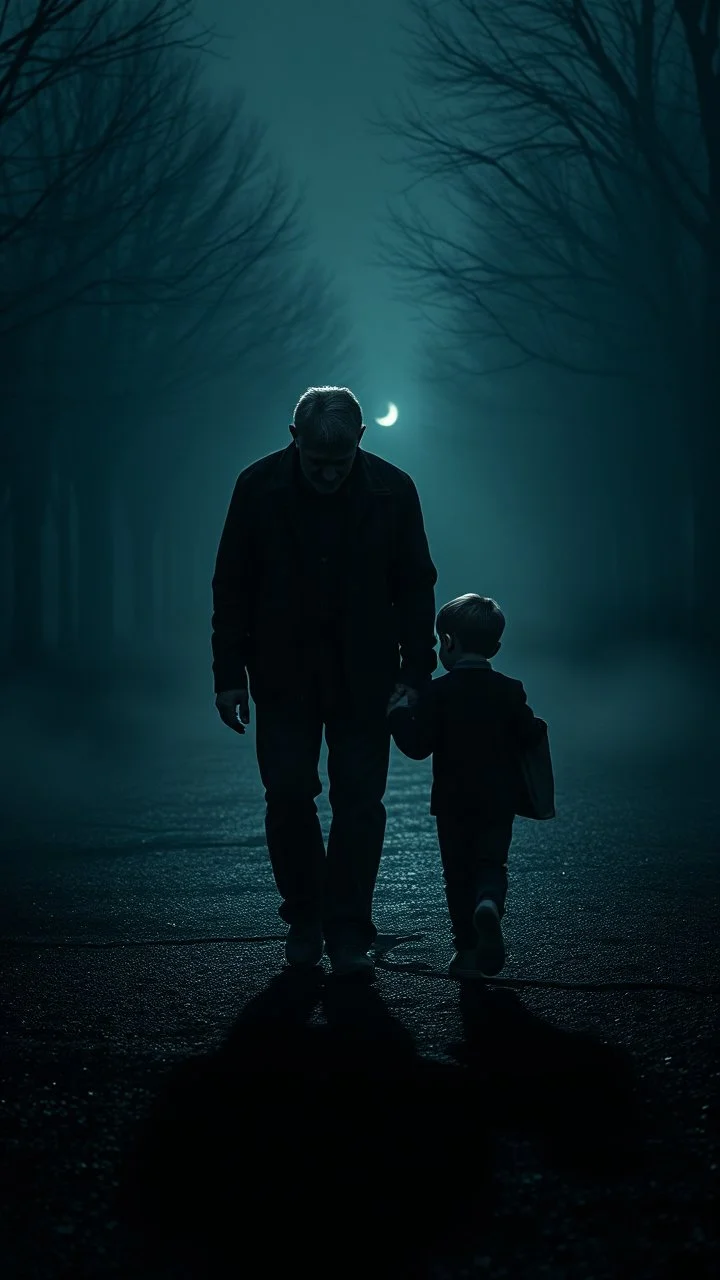 ,surrealism of the dark of a nightmare , hyper photorealistic, hyper detailed bright art color, high resolution, fog, octane render, tilt shift, HDRI Environment, all pictures dark gray, sad father face walking with his son hand in hand both look at the ground