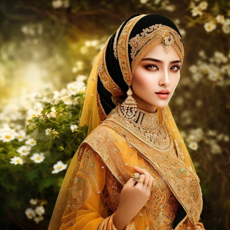 Beautiful veiled Muslim woman , beautiful portrait, flowery landscape