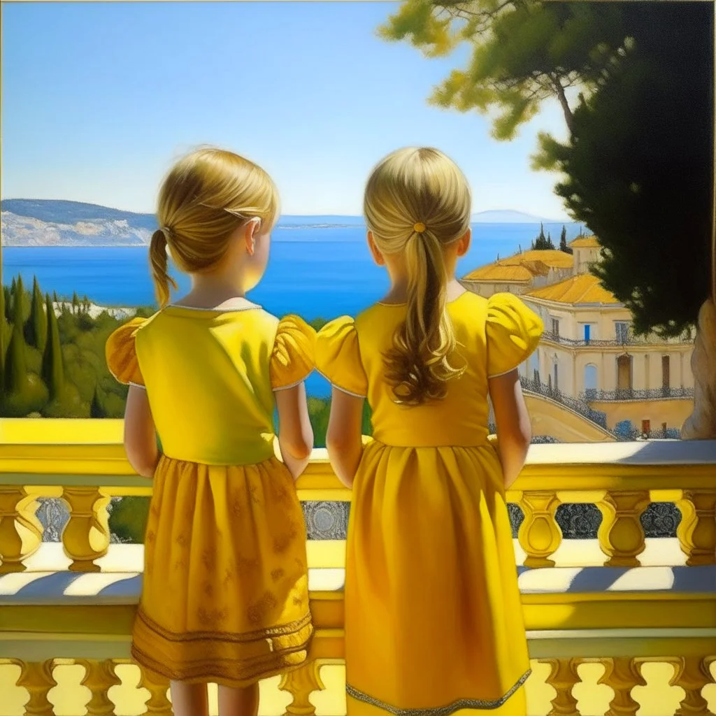 Neoclassicism 2 childeren from the back looking at the sea painting yellow realistic cote d'azur