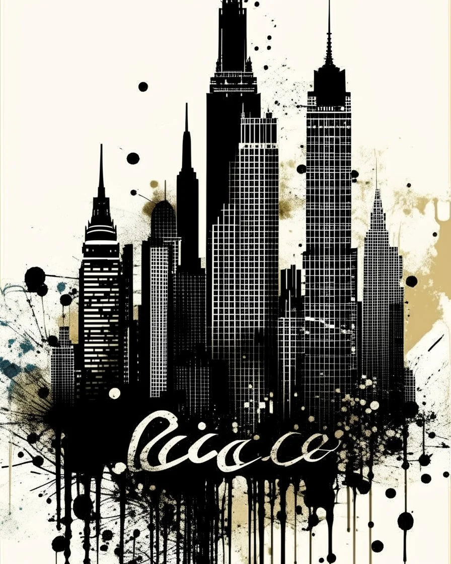 Stylized text: "Chicago". A textured abstract Chicago cityscape with Bean statue in black wet ink on a distressed beige canvas. The skyline consists of jagged, dripping skyscrapers and distorted structures resembling a heartbeat, blending architecture with cardiac patterns, while splatters and streaks give a chaotic, expressive energy. The rough, weathered background contrasts with the bold black forms.