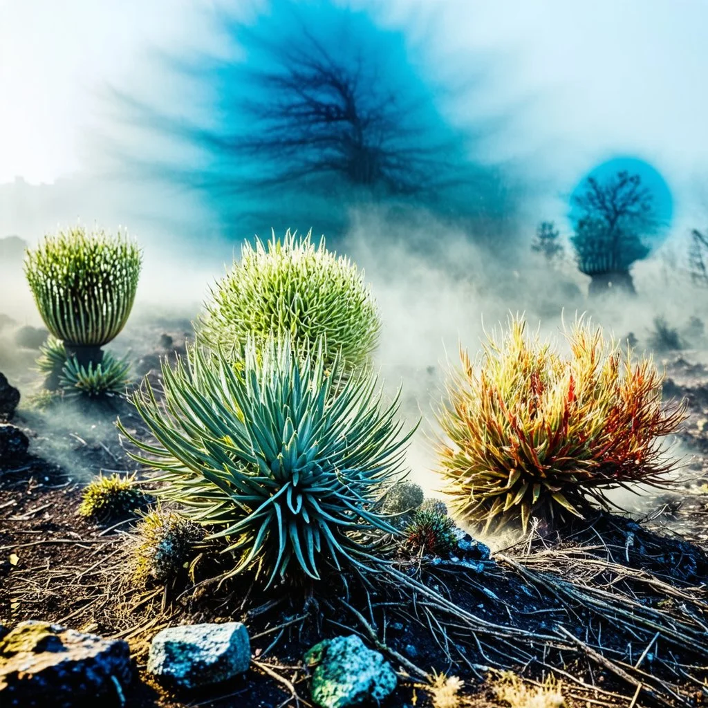 A striking quality photograph captures a wasteland with groups of plants, creepy, details of the dust very accentuated, glossy organic mass, adorned with minerals and rocks. Bathed in intense light, eerie, Max Ernst style, blue sun, fog