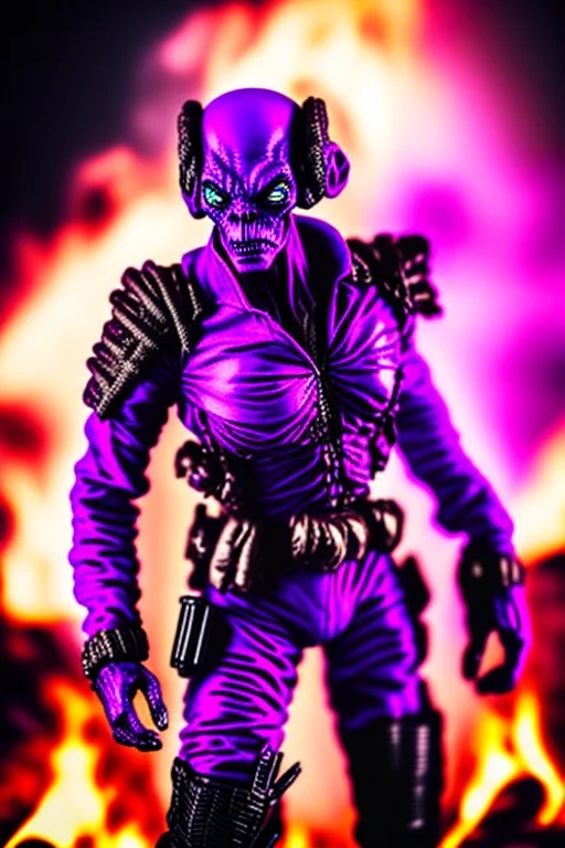 an epic 12k,ultra high definition , digital photo of a scary looking alien, purple colored alien, angy and rising from the ashes, a war veteran, army beret , captain rank, ripped and torn ammo clothing, chaotic fiery and dust background, dramatic close-up action shot of him behind the machine hand gun on the burned out war tanker,gothic and sinister