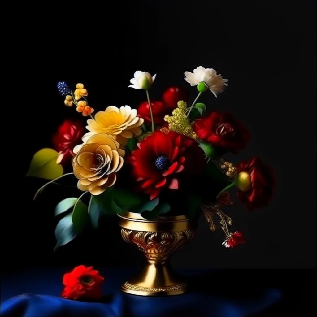 Flowers in midnight blue flowers, red flowers and green leaves in a gold vase. Light background