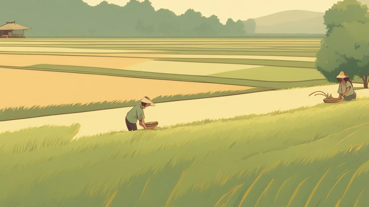 Rice field，Trees，Warm color palette，Animation，A lovely grasshopper，People who work