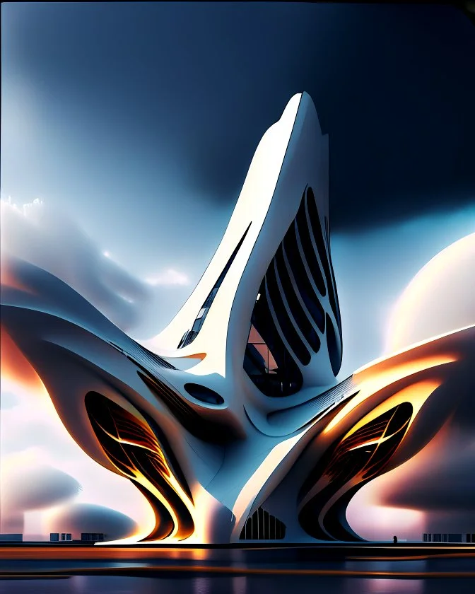 Edificio estilo Zaha Hadid, arte digital, calidad ultra, nubes, personas, 8k 3D, fondo claro