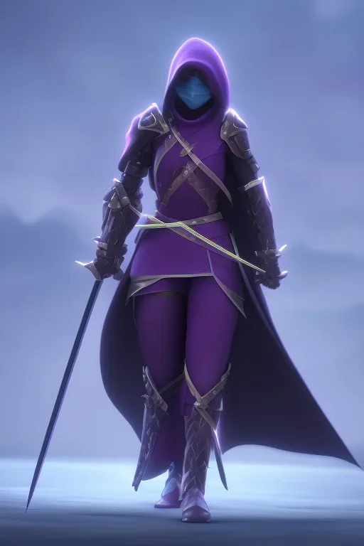 girl in futuristic ninja armor, cloak, two swords, glowing purple armor, fighting pose