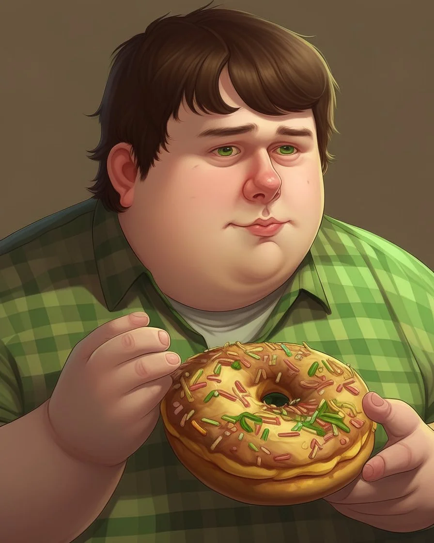 Portrait d'un jeune homme mangeant un grand donut, ultra obèse; cheveux bruns et teint blanc, porte une chemise à carreaux de couleur vert olive. HD portrait, Artstation