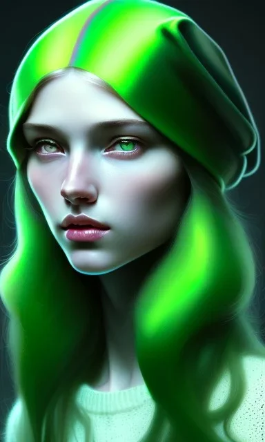 girl, cute, beautiful, long hair, wavy hair, green hair, blue eyes, green beanie, green coat, black tee shirt, head and shoulders portrait, 8k resolution concept art portrait by Greg Rutkowski, Artgerm, WLOP, Alphonse Mucha dynamic lighting hyperdetailed intricately detailed