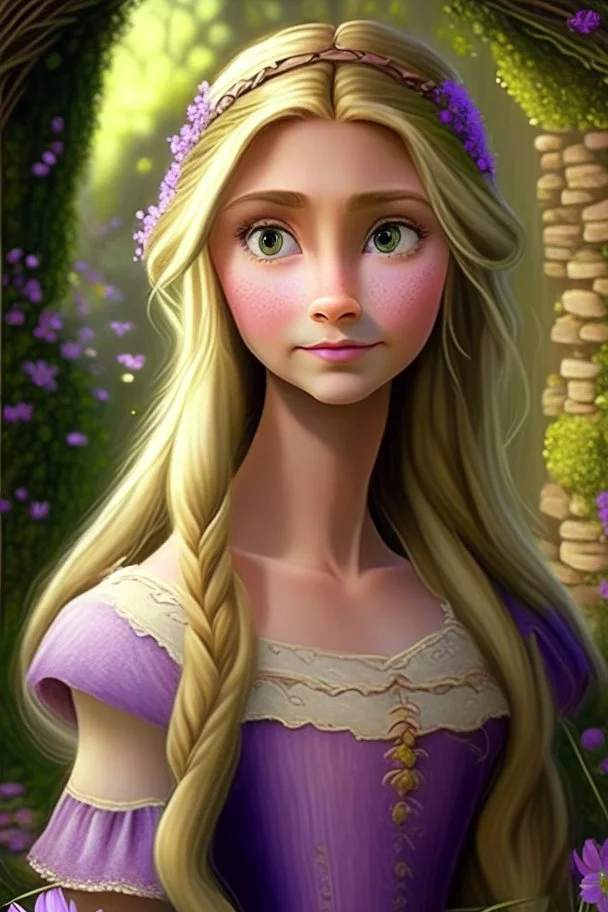 Princess Rapunzel, with a very beautiful and small round face, with neutral and consistent makeup, with a charming look, with a very wonderful dress in a very beautiful garden