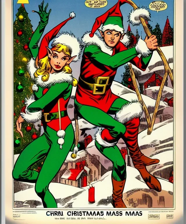 two elves. woman and man. stand apart. Christmas scene. poster. marvel comic.