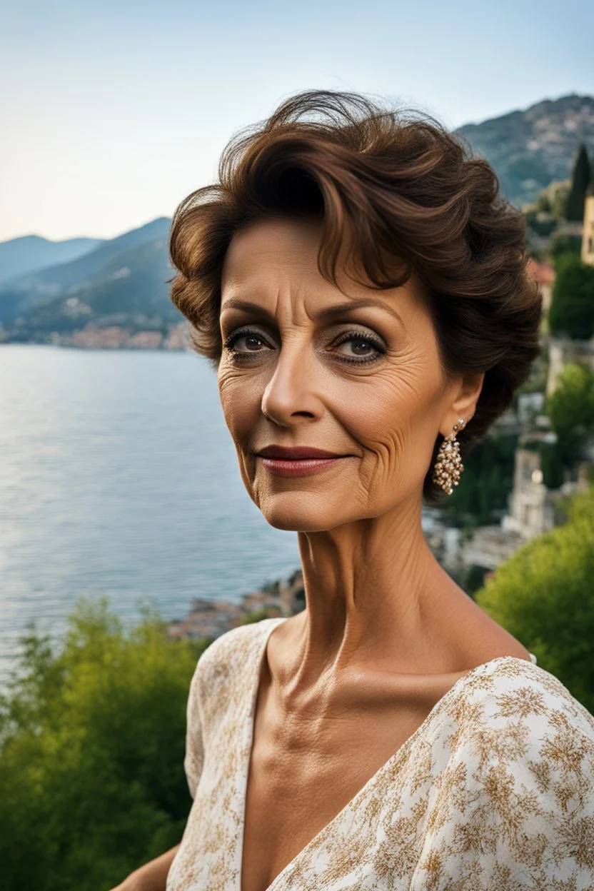 Act like a fashion photographer. Create a realistic photograph of a small Italian town at Como Lake in late spring with a 45-year-old, young look as her age, beautiful, slim Italian woman in Sophia Loren style with short hair and black eyes. Use a wide lens and a Fuji T30 camera for mild light, warm, golden hour photos from a distance, elegant red dress, romantic pose, Richard Avedon style