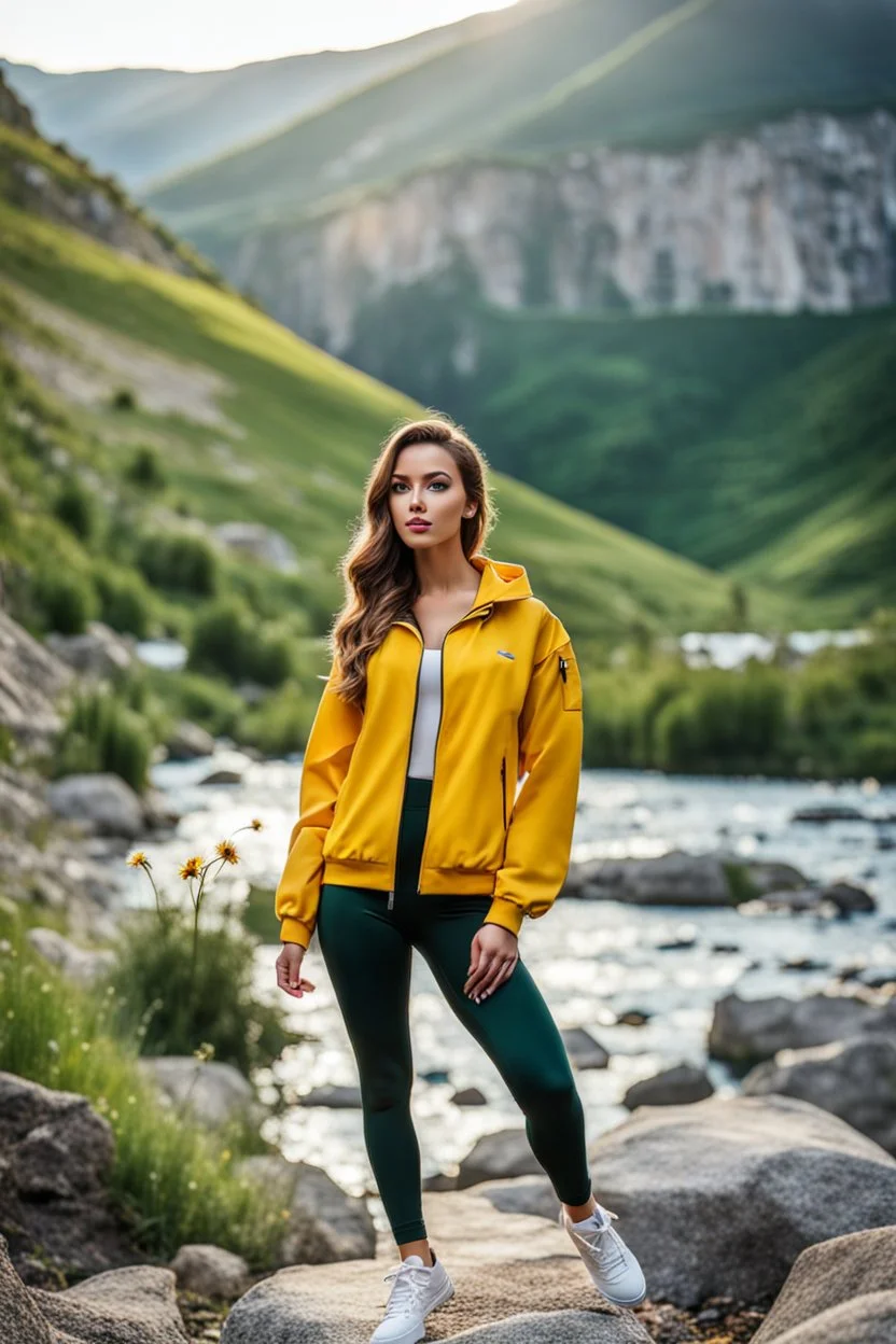 fullbody shot of young-beautiful-girl-with-a-perfect-face-with-make-up-wearing- sport pants and jacket standing ,geen hills ,nice nature environment ,wild flowers,clean water river with colorfull rocks in floor