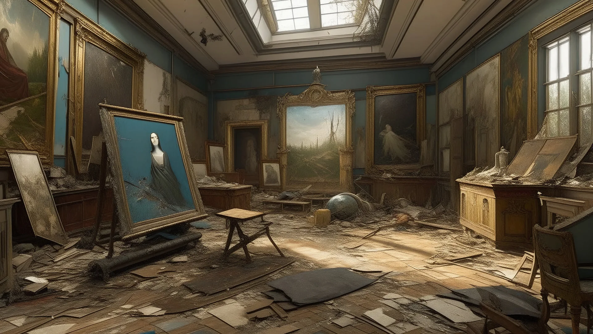 The image is a painting of a room with a high ceiling and a skylight. The room appears to be in a state of disrepair, with broken furniture and debris scattered on the floor and walls. On the right side of the image, there are several framed paintings hanging on the walls. In the center of the room, there is a large statue of Jesus Christ on a cross, with his arms outstretched and a halo above his head. The statue is made of wood and is surrounded by broken pieces of furniture, including a chair