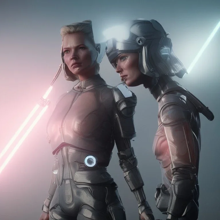 Ultra Realistic retro sci-fi movie war scene, waist up view portrait, blonde Jedi woman pointing a gun, sweet Kate moss face, perfect iris, glow eyes, makeup, weapon. Drones background, Retro sci-fi style, helmet, tight latex coat, fog, rain, soft color, highly detailed, unreal engine 5, ray tracing, RTX, lumen lighting, ultra detail, volumetric lighting, 3d, finely drawn, high definition, high resolution.