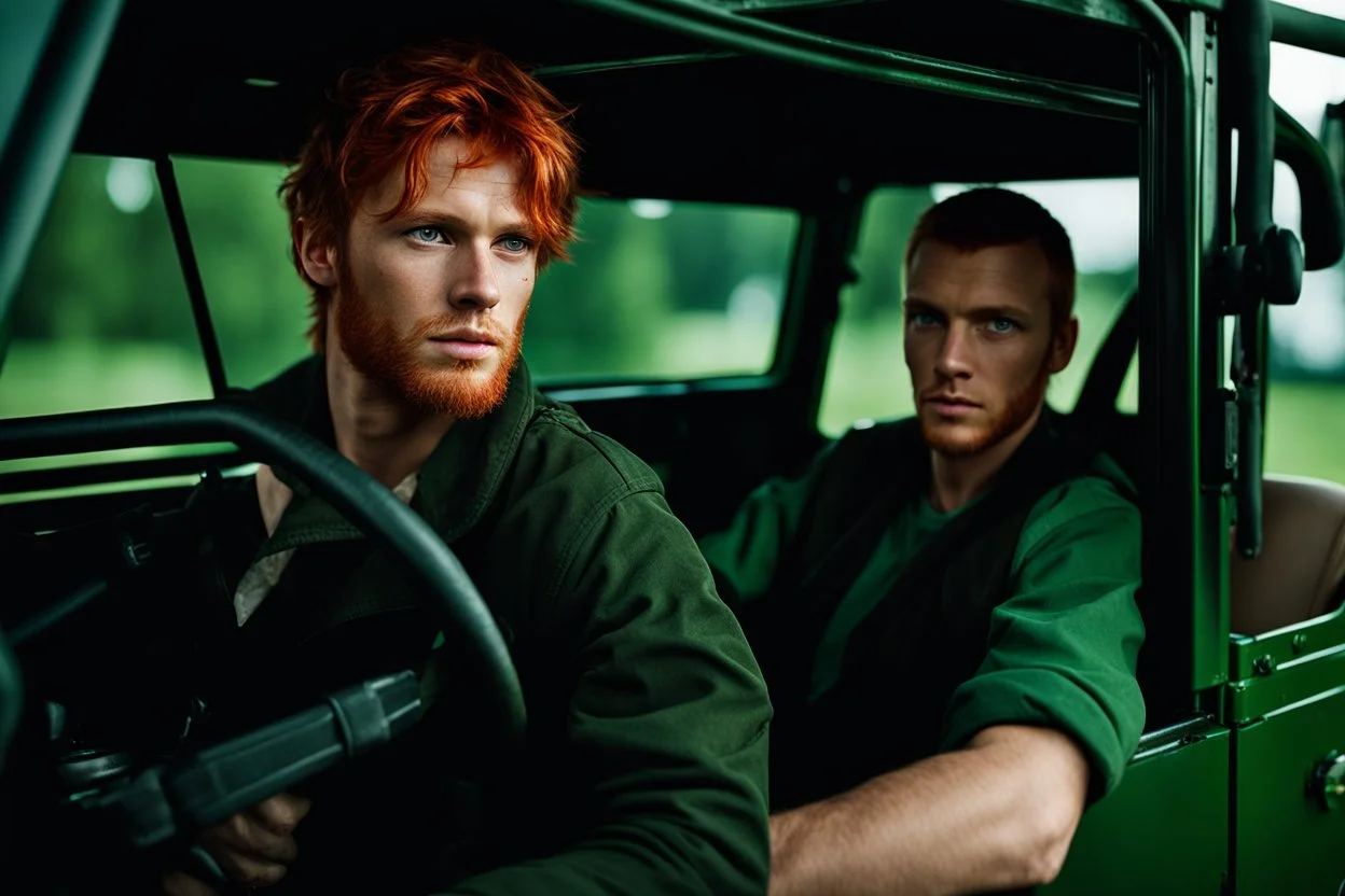 Photograph of a young rugged looking male with red hair and green eyes sitting in the drivers seat of a jeep close up photo realistic