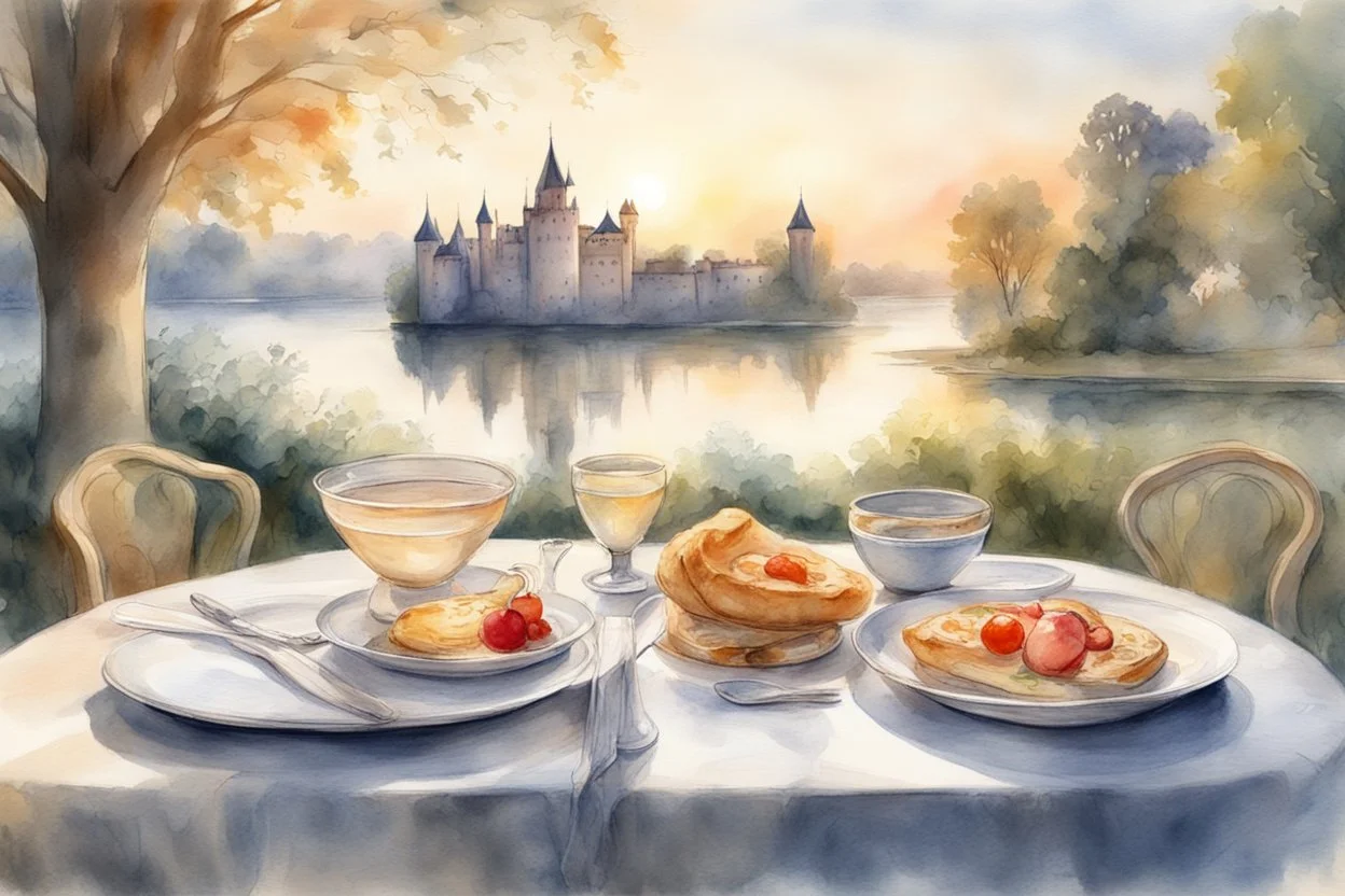 Brunch breakfast on an elegant table in the garden in the background, Castle on the Loire, lake, reflection, sunrise, Misty morning smooth intricate high definition beautiful lighting pencil sketch watercolor polished warm light