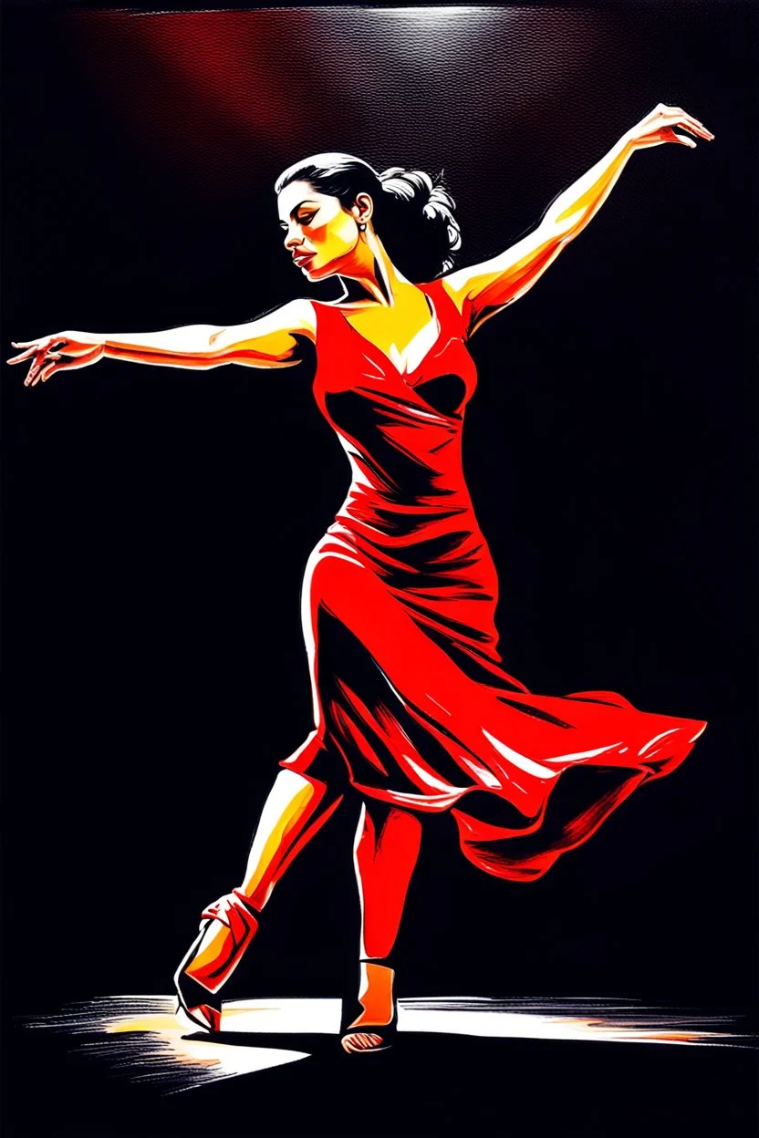 a full body Latino woman dancing salsa in red dress, dark shadow in background, acrylic and oils, glossy finish high contrast, detailed, vibrant colors, cinematic, masterpeace