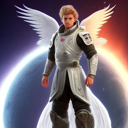 The first image is of the main character's full body. He’s to look like a powerful angel, symbols on his hands glowing, His background should be that of space above with stars and standing on a paradise of a planet. His belt can transform into a white dragon.