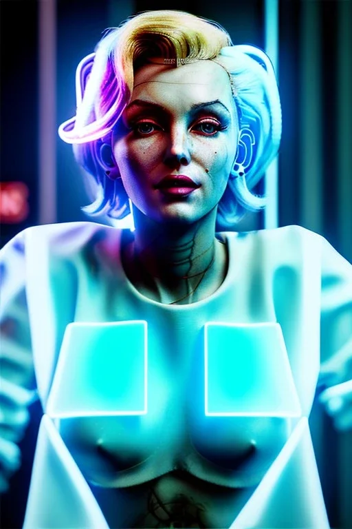 Ultra Realistic image, portrait, blonde woman, sweet Marylin Monroe face, perfect iris, glow eyes, glow makeup. Cyborg, Cyberpunk, ghost in the shell style, wires connected, oversized transparent latex coat, yakuza tattoos body. fog, rain, soft color, highly detailed, unreal engine 5, ray tracing, RTX, lumen lighting, ultra detail, volumetric lighting, 3d, finely drawn, high definition, high resolution.