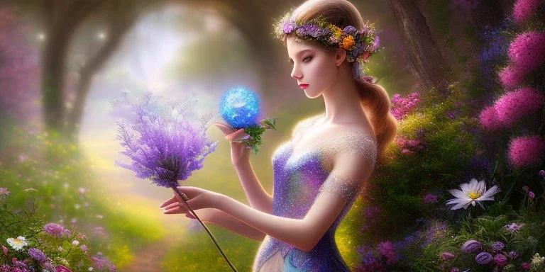 bright fairy, beautiful portrait, flowery landscape