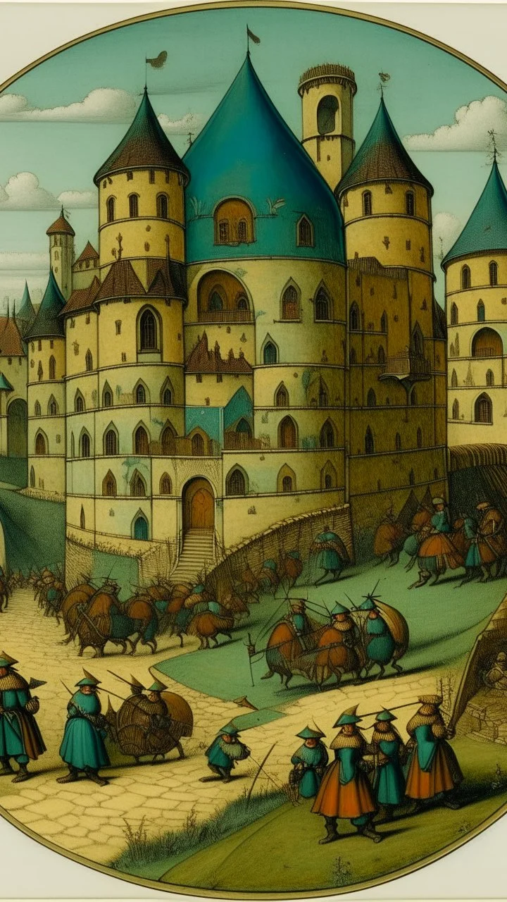 A greenish blue defensive chateau with shields painted by Pieter Bruegel the Elder