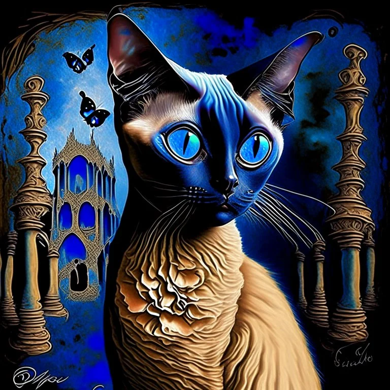 Starry night and Siamese cat, digital painting, fantasy, illustration, hyperdetailed, high definition, crisp quality, horror, dark, surreal, Weird, Tim Burton, creepy, Graphic novel, maximalist, Dr. Seuss, haunting, bizarre, frightening, Terry Gilliam, vintage, illustration