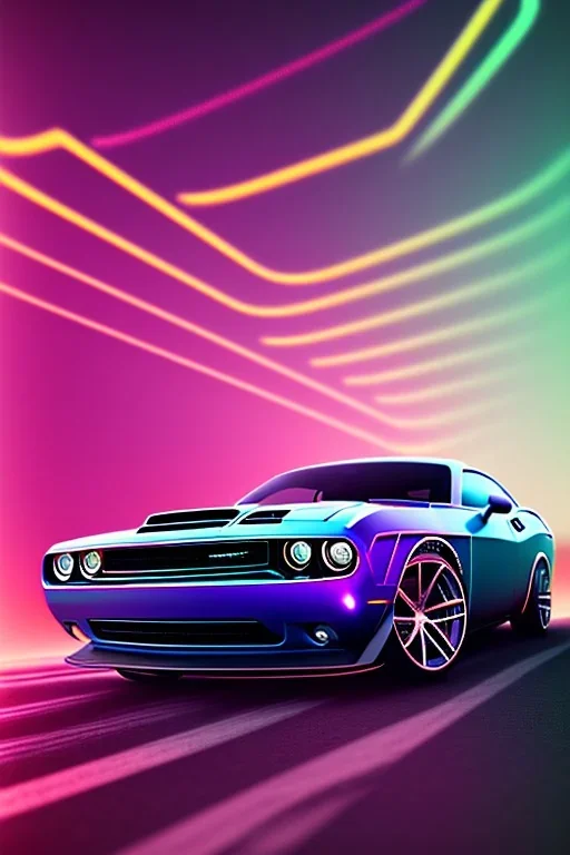 schönes foto von einem chromlackierten dodge challenger in heckansicht der auf einem highway richtung horizont fährt,miami vice, miami, neon ligths,chrome, synthwave, retro, high detailed,unreal engine, octane render, photo realistic, viele palmen, komplementärfarben