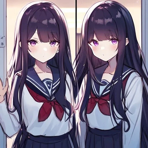 Clear focus, High resolution, rough line sketch, black long hair chopped bangs, purple eyes, wearing a sailor uniform with a red bow, opening door, suprised look on face